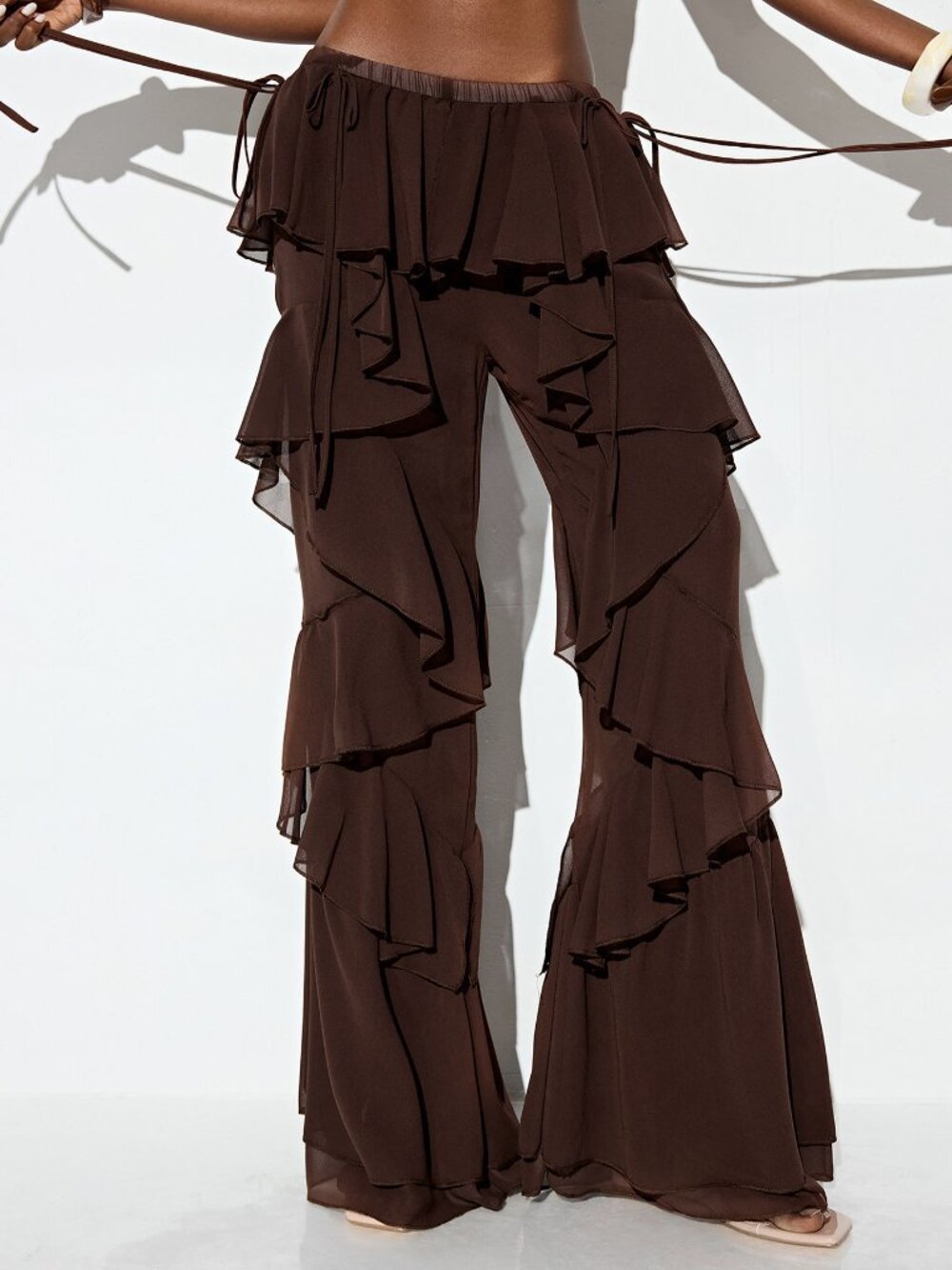 Coffee Brown Casual Women's Chiffon Low-Waisted Pants - Picture 5 of 8